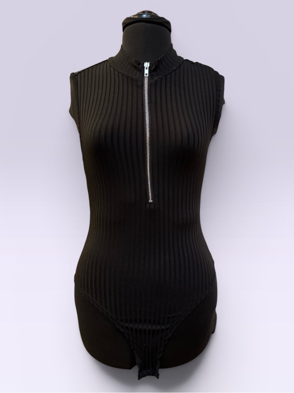 SHEIN Black Ribbed Sleeveless Zip-Front Bodysuit